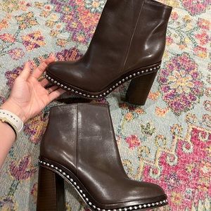 COACH Justina calf leather brown heeled booties 3.5” heel 8.5